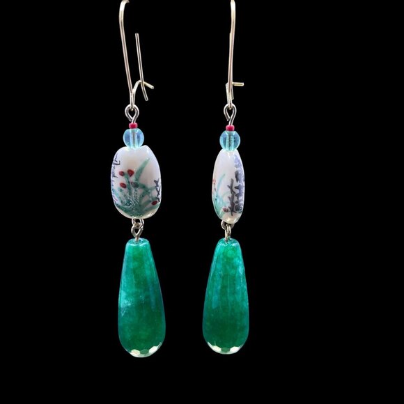 Porcelain Green Glass Drop Earrings Artsy Boho Statement Festival Eclectic Gift - Picture 2 of 6